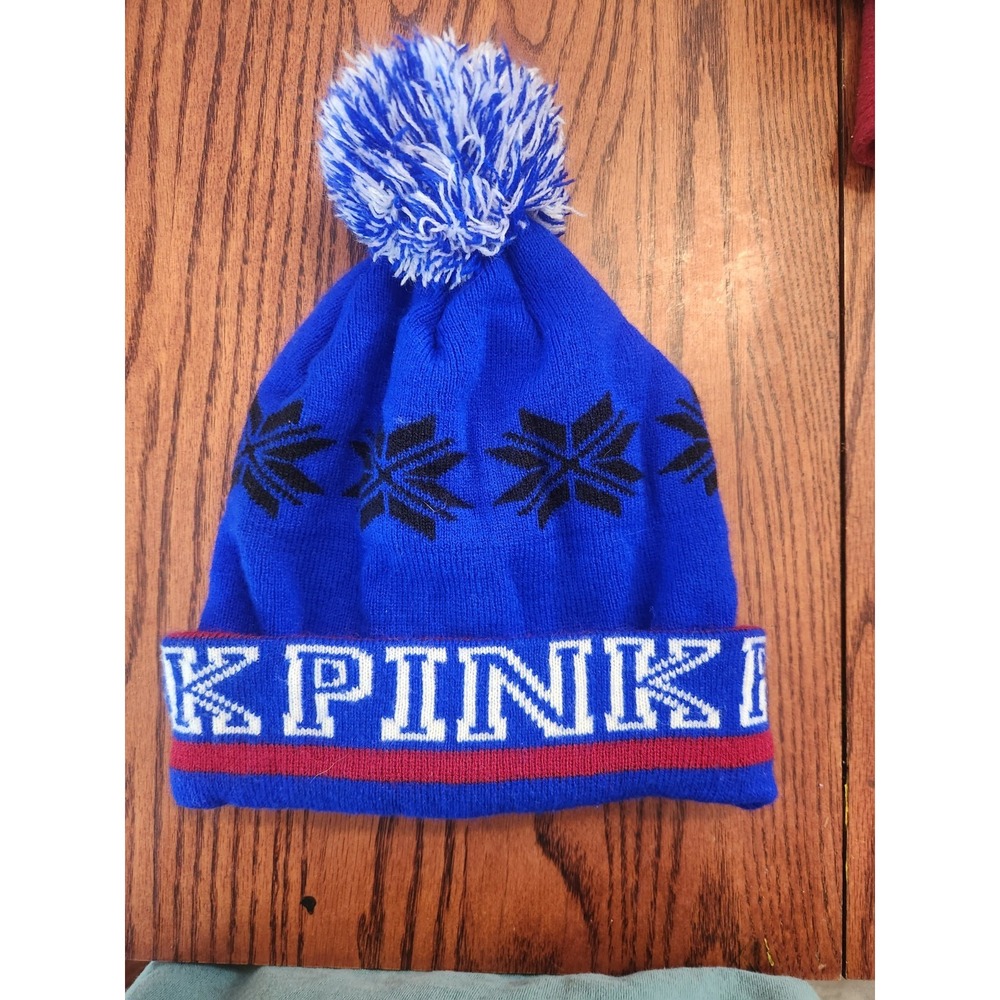 Victoria's Secret Pink Nation Blue White Winter Beanie Hat Pom Pom Toboggan
